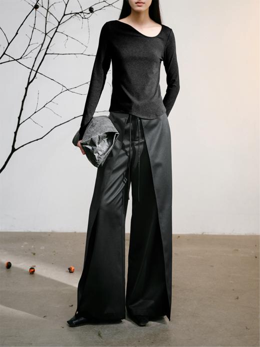 LIYIHAN羊毛拼接高腰直筒休闲裤女厚款宽松飞片阔腿黑色西裤显瘦 商品图3