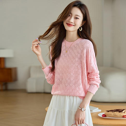 CC-AB1526镂空罩衫上衣长袖白色薄款针织衫2024春秋新款宽松慵懒风韩版线衣 商品图0