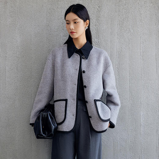 玳莎圆领长顺毛呢短外套女2024年新款秋季气质高级感宽松呢子大衣  EC39301 商品图0