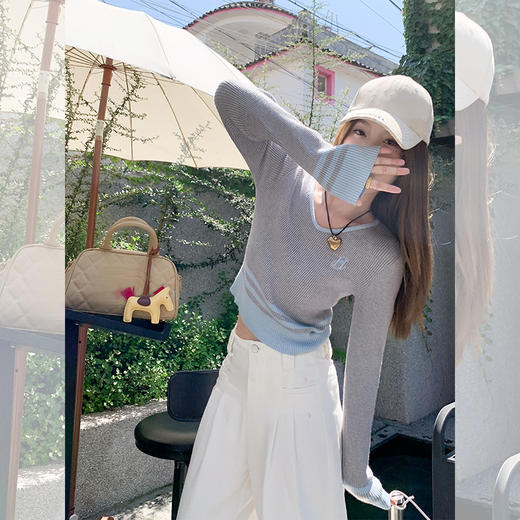 <曾小咸推荐> 设计感撞色拼接灰色短款V领打底衫   商品图2