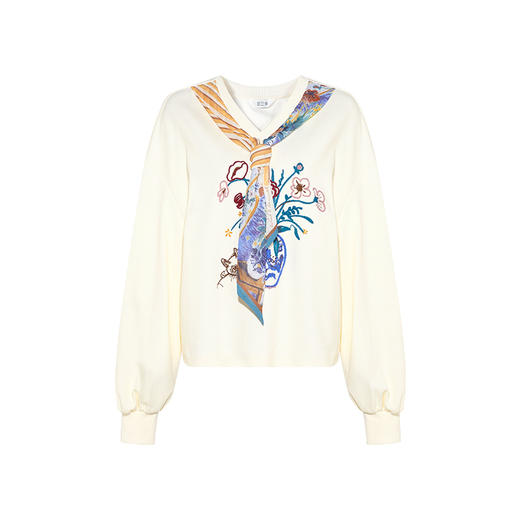 两三事月光奏鸣曲 新款复古毛巾绣印花丝巾绑带v领t恤女宽松S24QT591 商品图4