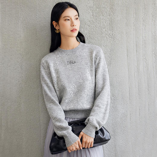 玳莎亮片灰色圆领毛针织衫女2024秋季新款显瘦柔软套头长袖毛衣  EC33302 商品图1