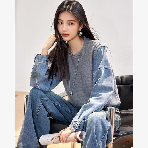 西遇假两件拼接毛衣女圆领长袖秋季新款复古蓝色针织衫上衣SS140969 商品图0