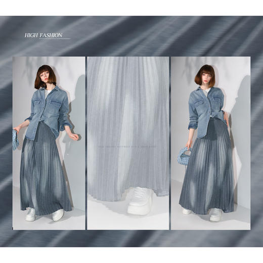 COCOBELLA手工风琴压褶古法炒色水洗牛仔半身裙大摆裙DN7018 商品图2