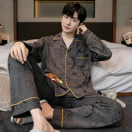 【时尚翻领，撞色嵌条设计，精致大方】新款秋冬季青年字母条纹翻领睡衣 家居服男士 开衫长袖套装-QQ 商品图4