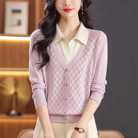 CC-101-90961假两件上衣女时尚洋气2024早秋新款针织衫长袖翻领毛衣打底衫春秋