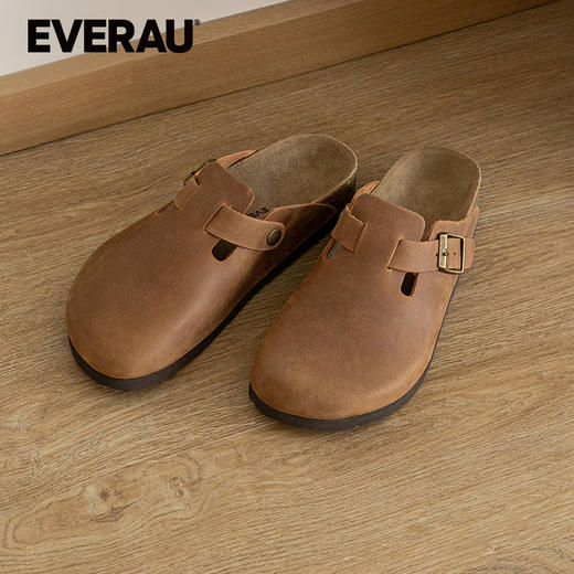 EVERAU疯马牛皮特殊质感高级复古经典半包头女士拖鞋EA7058 商品图1