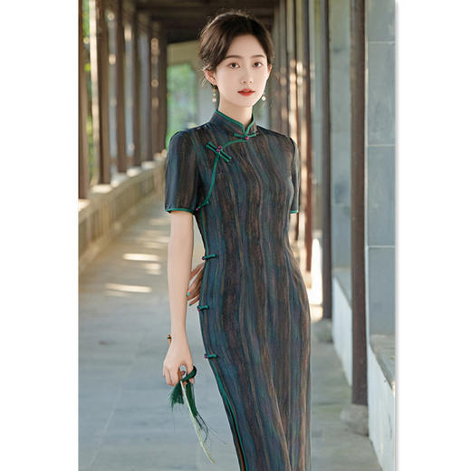 绫罗缎提花长款短袖，复古民国长款中式旗袍裙GX-100927 商品图2