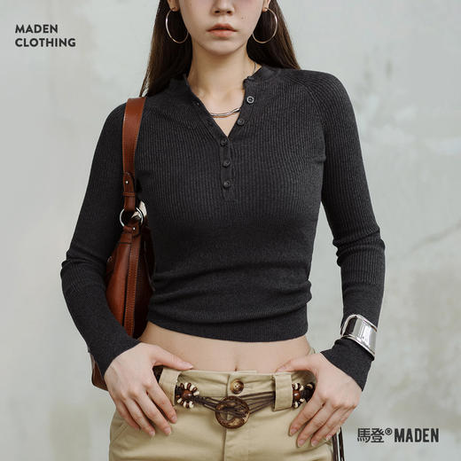 马登肌理感针织衫美式长袖亨利衫纯色弹力修身T恤百搭打底衫秋女 商品图0
