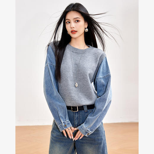 西遇假两件拼接毛衣女圆领长袖秋季新款复古蓝色针织衫上衣SS140969 商品图4