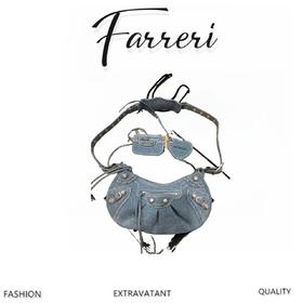 B家Le Cagole S做旧银配件心形化妆镜 机车月牙包单肩斜挎手提包 女款 牛仔