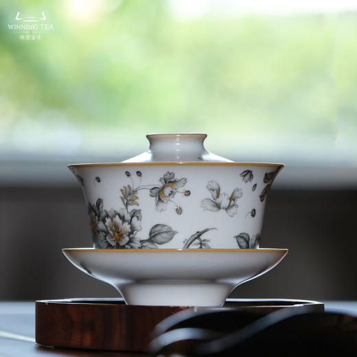 问鼎汝瓷鼎峰系列月白三才盖碗（墨彩樱花） 商品图0