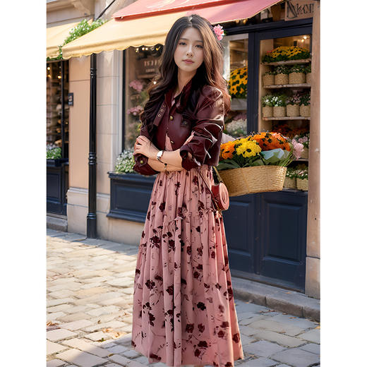 9/7奢姿大码女装2024秋季减龄碎花皮衣吊带裙两件套胖妹妹时尚套装9943991277 商品图0