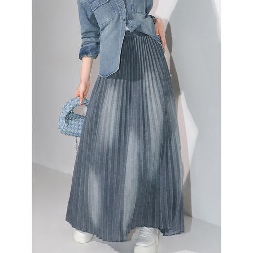 COCOBELLA手工风琴压褶古法炒色水洗牛仔半身裙大摆裙DN7018 商品图1