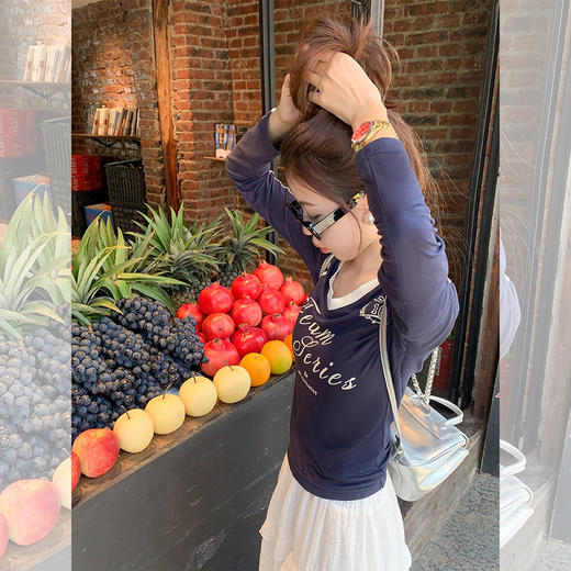 <曾小咸推荐>甜酷辣妹美式撞色V领修身长袖T恤【预售款，预计3-15天发货】 商品图3