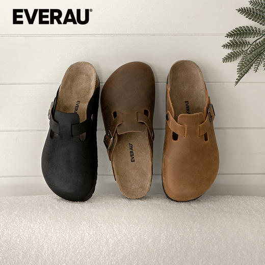 EVERAU疯马牛皮特殊质感高级复古经典半包头男士拖鞋EA7061 商品图0
