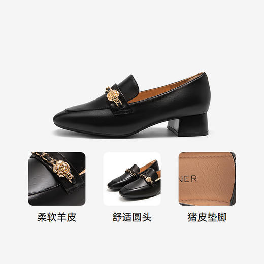 千百度羊皮粗中跟乐福鞋女秋季通勤通勤小皮鞋真皮单鞋A24411950 商品图3