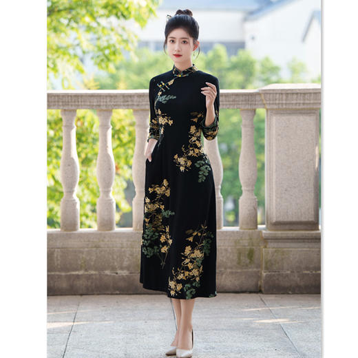 弹力长款A版七分袖，木兰棉旗袍大摆裙GX-281925 商品图0