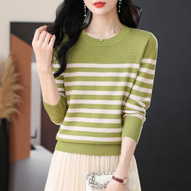 CC-89-21101早秋新款圆领条纹针织打底衫女春秋洋气长袖上衣薄款镂空毛衣