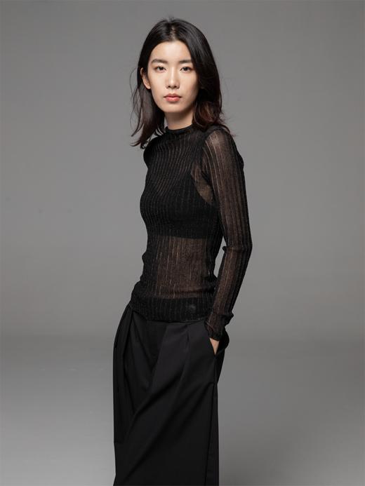 LIYIHAN金银丝纱网罩衫上衣女薄款半透明毛衫针织衫圆领长袖修身 商品图1