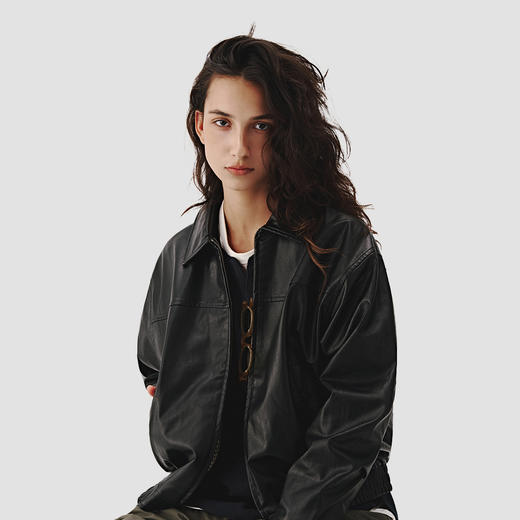 714street美式复古黑色皮衣外套男女同款2024秋新款短款宽松夹克 商品图1