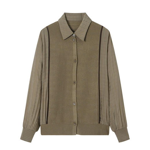 CC-16-9077长袖外穿条纹衬衫女2024春秋新款翻领拼接针织开衫短款宽松上衣服 商品图4