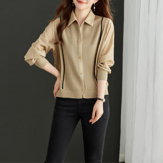 CC-16-9077长袖外穿条纹衬衫女2024春秋新款翻领拼接针织开衫短款宽松上衣服 商品图3