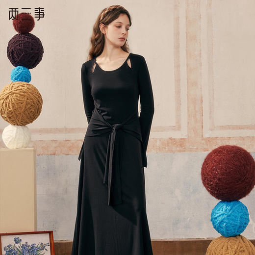 两三事 月色玫瑰 2024秋季新款气质绣花袖口绑带假两件连衣裙长裙 商品图0