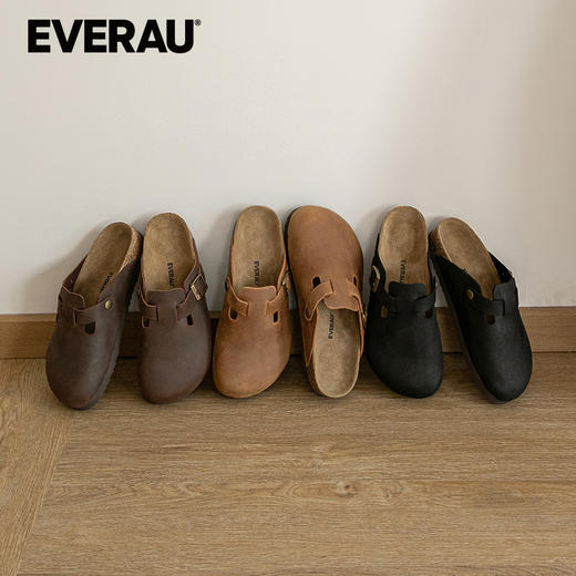 EVERAU疯马牛皮特殊质感高级复古经典半包头女士拖鞋EA7058 商品图0