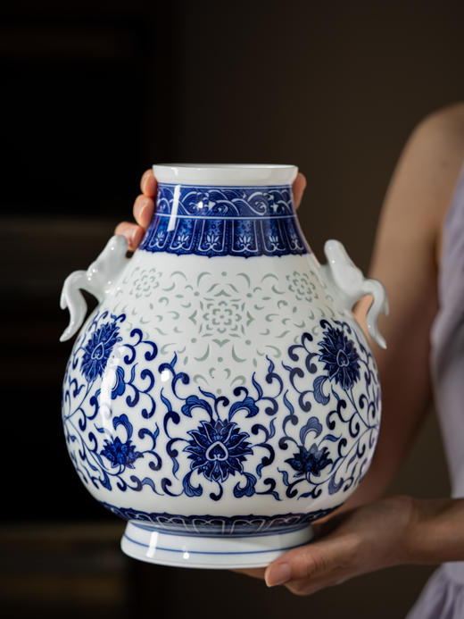 富玉玲珑花瓶卧室陶瓷器中式居家装饰品花瓶家用-手绘双耳福筒尊 商品图2