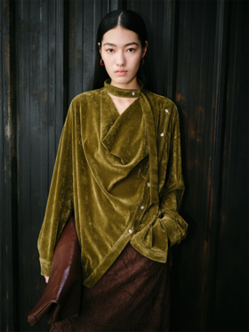 LIYIHAN 新中式丝绒不规则衬衫女24秋季新款设计感不规则长袖上衣