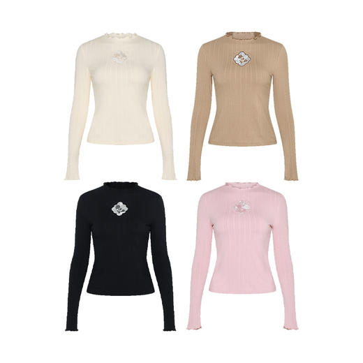 两三事零点时分2024秋季新款小清新蕾丝拼接印花长袖打底衫女t恤 商品图4