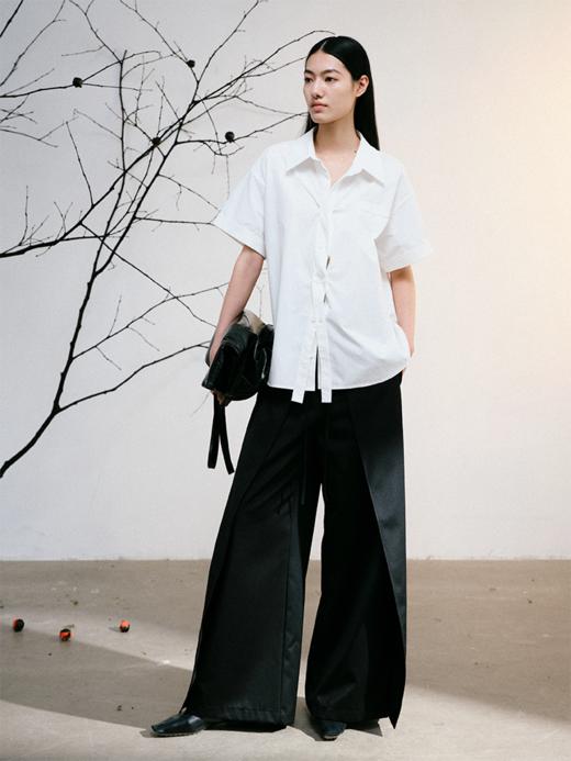 【明星推荐】LIYIHAN 门襟缠绕编织感短袖衬衫棉设计感24新女上衣 商品图2