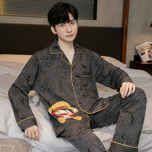 【时尚翻领，撞色嵌条设计，精致大方】新款秋冬季青年字母条纹翻领睡衣 家居服男士 开衫长袖套装-QQ 商品图8