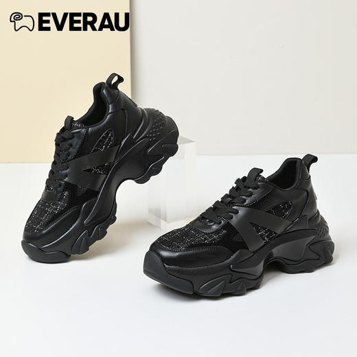 EVERAU上新小香风*老爹鞋]拼接小香风花呢布 金色细闪磨砂“V”字时尚运动老爹女鞋EA5039 商品图2