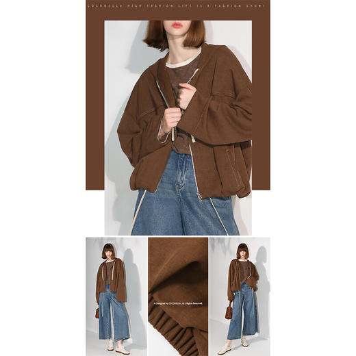 COCOBELLA抽褶蝙蝠袖短外套休闲连帽炒色花纱拉链卫衣SC3013-2 商品图3