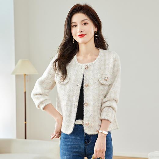 CC-MY-3338小香风防水貂绒毛衣外套女士春秋装2024新款短款外搭针织开衫外搭 商品图1