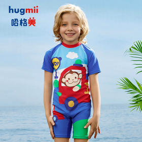 hugmii哈格美儿童短袖短裤连体泳衣男童女童半袖海边卡通防紫外线泳衣