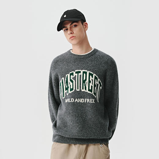 714street羊毛混纺字母提花毛衣2024秋冬新款宽松针织衫男女同款 商品图3