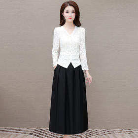蕾丝长袖上衣，高腰中长款半身裙两件套QYM-LRX-914C02-Y