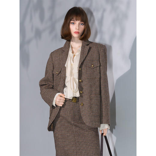 COCOBELLA威尔士格纹毛呢西装外套秋冬通勤多口袋休闲西服SI7020 商品图4