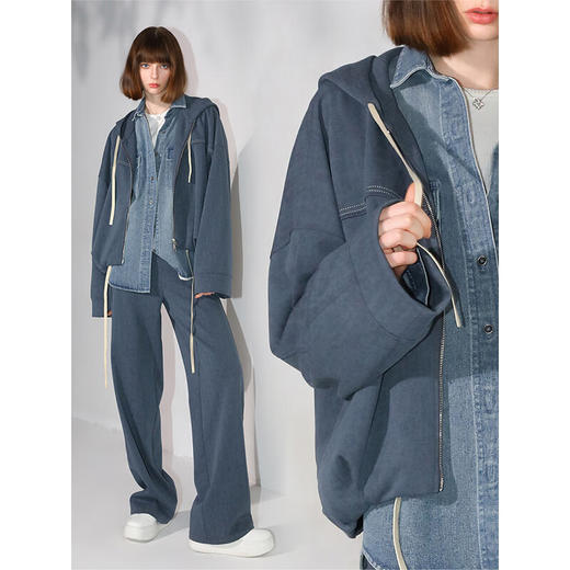 COCOBELLA抽褶蝙蝠袖短外套休闲连帽炒色花纱拉链卫衣SC3013 商品图2