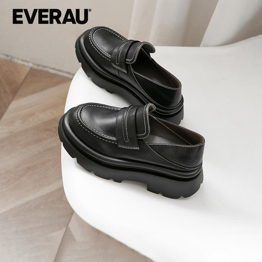EVERAU厚底经典学院风柔软小羊皮一鞋两穿时尚乐福女鞋EA7067 商品图2