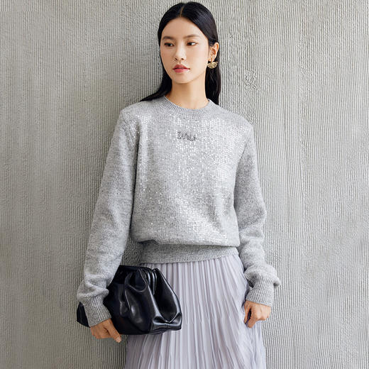 玳莎亮片灰色圆领毛针织衫女2024秋季新款显瘦柔软套头长袖毛衣  EC33302 商品图2