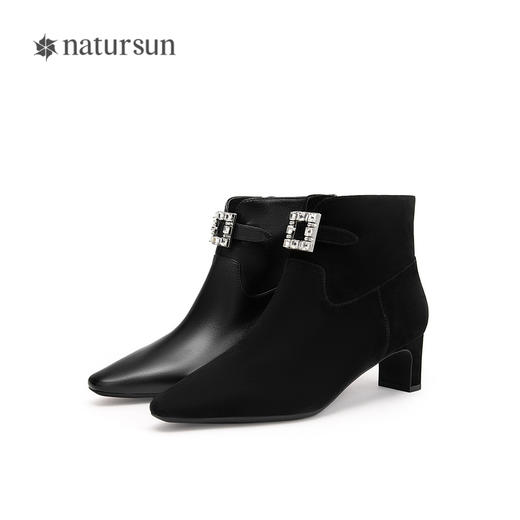 natursun方头时装靴秋冬季羊皮粗跟瘦瘦靴短靴气质显瘦靴子女N24506213 商品图4