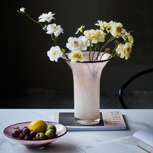 北欧风瓷粉黑边敞口花瓶鲜花餐桌电视柜简约创意手工家用玻璃果盘 商品图6