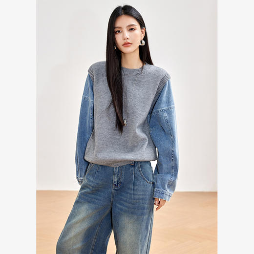 西遇假两件拼接毛衣女圆领长袖秋季新款复古蓝色针织衫上衣SS140969 商品图1