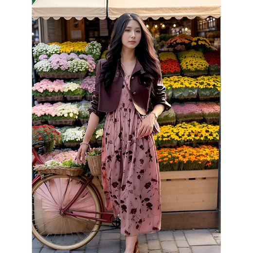 9/7奢姿大码女装2024秋季减龄碎花皮衣吊带裙两件套胖妹妹时尚套装9943991277 商品图3