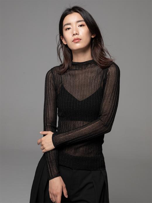 LIYIHAN金银丝纱网罩衫上衣女薄款半透明毛衫针织衫圆领长袖修身 商品图5