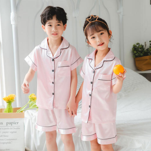 【萌娃休闲睡衣，面料舒适，可爱设计】高密仿真丝 秋季长袖长裤四季款 儿童夏季睡衣短袖短裤 小翻领纯色可爱 中小童家居服简约-QQ 商品图10